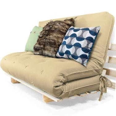 Imagem de Sofa Cama Casal Futon Oriental Bege Sarja Impermeável Com Madeira Maciça