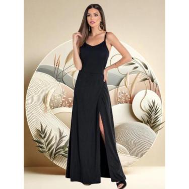 Imagem de Vestido Longo Preto Com Fenda Feminino Decote V Alças Finas - Moda Pop