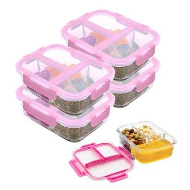 Imagem de Kit 4 Pote Vidro Hermético 3 Divisórias Tampa 1040ml Marmita - MUNDIAR