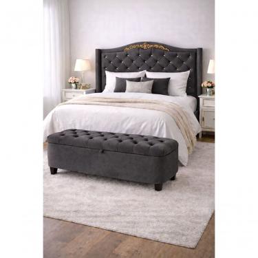 Imagem de Kit De Quarto Lisboa Cabeceira De Cama Box E Calçadeira Baú Queen 160 Cm Suede Cinza Grafite Lar Móveis E Decoração