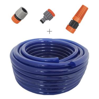 Imagem de Kit mangueira siliconada para jardim azul 30m com engate rapido e esgu