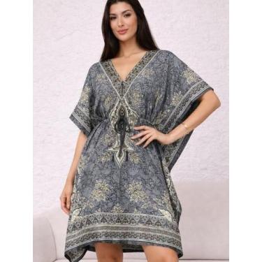Imagem de Vestido Curto Kaftan Indiano Estampado - Deeyaa Indiana, Cinza, Unico
