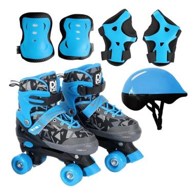 Imagem de Kit Patins Roller Ajustável 34 a 37 com Capacete e Proteções Azul DM Toys