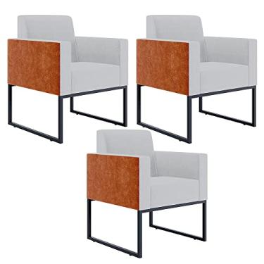 Imagem de Kit 03 Poltronas Decorativas Sala Base fixa Metal Helô L02 Linho Cinza Couríssimo Camel - Lyam Decor