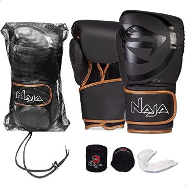 Imagem de Kit Naja Luva Boxe Black + Bandagem + Protetor Bucal + Bolsa (10oz, Dourado)