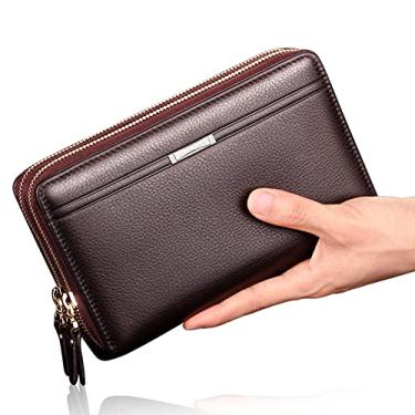 Imagem de Carteira longa masculina de couro genuíno dobrável com zíper carteira masculina de couro fina (marrom, preto), marrom