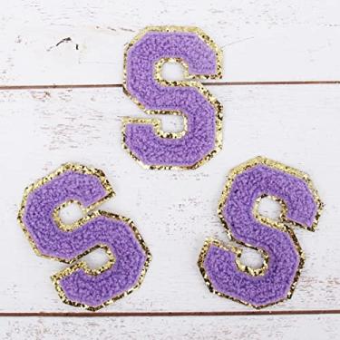 Imagem de Pacote com 3 adesivos de chenille ferro sobre purpurina, letras "S" - Tecido de chenille lavanda com acabamento dourado - Costurar ou passar - 5,5 cm de altura