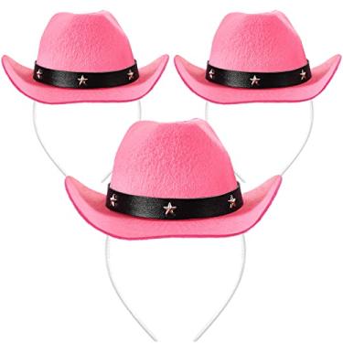 Imagem de 3 peças de chapéu de cowboy bandanas de cabeça de vaqueira aniversário faixa de cabeça feminina traje de cabeça para festa suprimentos para meninas acessórios de fantasia de dança quadrada ocidental, tamanho único rosa