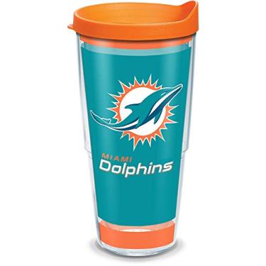 Imagem de Tervis NFL Miami Dolphins – Copo isolado com envoltório e tampa laranja para viagem, 680 g – Tritan, transparente