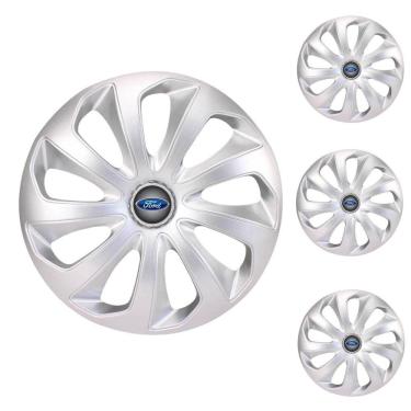 Imagem de Jogo Calota Aro 13 Velox Silver Elitte Prata + Emblema Resinado Ford (Fiesta Ka Ecosport Focus)