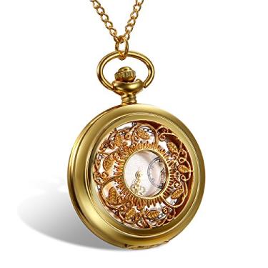 Imagem de Lancardo Relógio de bolso unissex luxuoso banhado a ouro caixa de esqueleto oca relógio de bolso suéter corrente