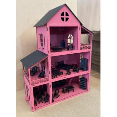 Casinha De Boneca Barbie Mdf Pintada Adesivada + 43 Móveis cru - A