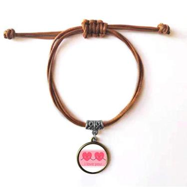 Imagem de Pulseira de couro rosa para Dia dos Namorados com rosto de sorriso, corações, pulseira de couro marrom joia presente