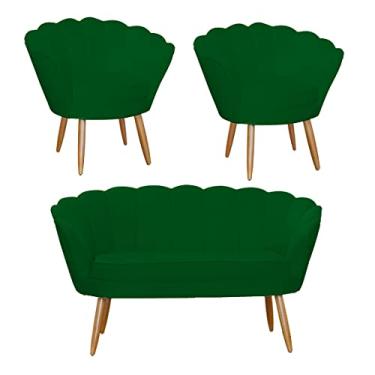 Imagem de Jogo Pétala Namoradeira e 2 Poltronas Estofada Para Recepção Suede Verde - LM DECOR