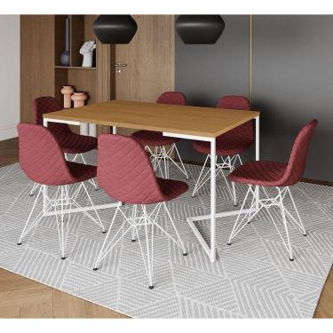 Imagem de Mesa Industrial Retangular Canela Base V 137x90cm C/ 6 Cadeiras Eiffel Estofadas Vermelhas Aço Branc