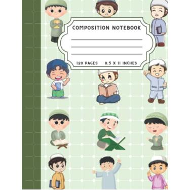 Imagem de Caderno de composição de menino muçulmano: caderno ou diário de composição de papel pautado, capa verde com meninos muçulmanos, 120 páginas para crianças, adolescentes, estudantes e adultos