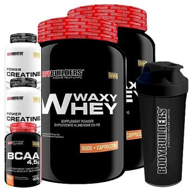 Imagem de Kit 2x Waxy Whey Morango e Cappuccino 900g + BCAA 4,5 100g + 2x Power Creatina 100g + Coqueteleira - Bodybuilders