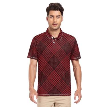 Imagem de Camisa polo masculina tweed xadrez em preto vermelho creme golfe manga curta camisa polo botão para treino atlético P, Estampa xadrez tweed em preto e vermelho, XXG