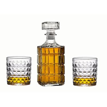Imagem de Conjunto de decantadores de cristal com copos, jarra de licor elegante de 850 g com tampa de vidro sólido ornamentada e 2 copos de uísque combinando, perfeito para uísque escocês, bourbon, conhaque,