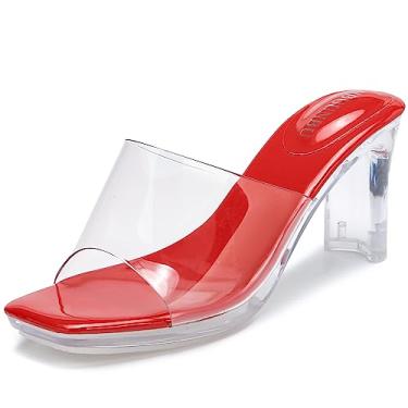 Imagem de NBUUNBU Salto grosso para mulheres salto plataforma transparente sexy salto alto sandálias bico quadrado bico aberto alça transparente sapatos sociais confortáveis slip on mules, Vermelho, 6