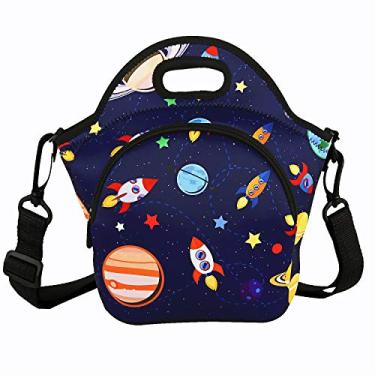 Imagem de Violet Mist Sacola de almoço de neoprene de unicórnio com isolamento de neoprene, macia, grande, com bolso extra, removível, ajustável, bolsa de almoço para mulheres, homens, crianças, meninos escolares, foguetes espaciais