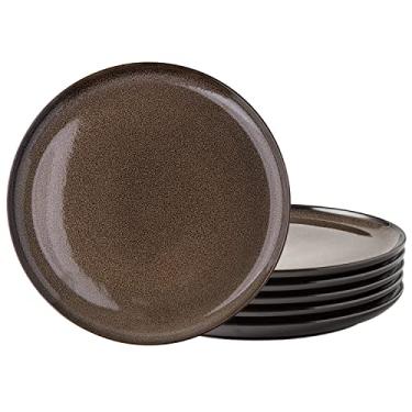 Imagem de LERATIO Conjunto de 6 pratos de cerâmica, 21 cm de prato de porcelana leve com esmalte reativo de 21 cm, conjunto de pratos de jantar de forma moderna para cozinha, máquina de lavar louça e forno, resistente a arranhões - café