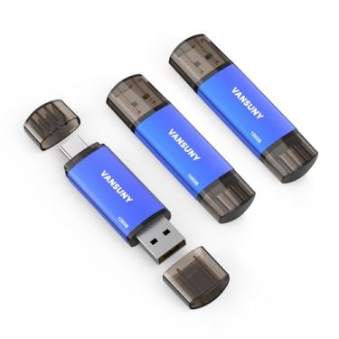 Imagem de Vansuny Pacote com 3 unidades USB tipo C de 128 GB, pen drive duplo 2 em 1, USB A + USB C OTG Flash Drive para smartphone Android, tablet, computador, laptop (azul)