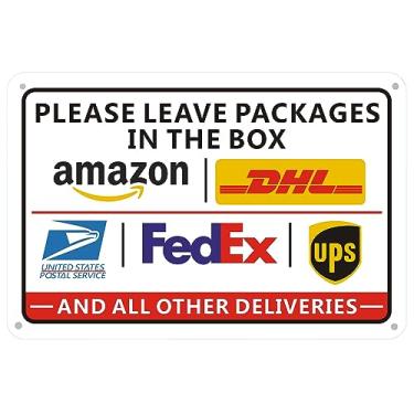 Imagem de HEIOKEY Deixe pacotes na caixa placa 30 x 20 cm, placa de entrega de embalagem de alumínio - Sinal de instruções de entrega para pacotes da Amazon, DHL, FedEx, USPS, UPS para negócios domésticos