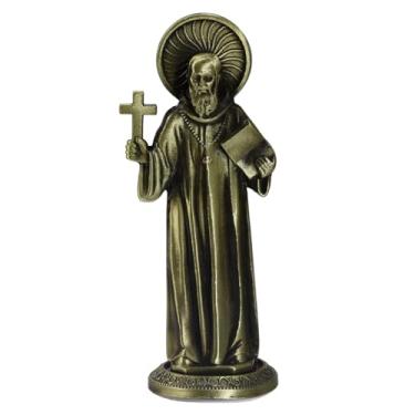 Imagem de MESARCH Mini figuras de bronze católicas de liga religiosa com adesivo na parte inferior para colar no carro, casa, altar igreja, escritório (estátua de São Benito)