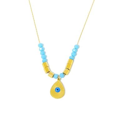 Imagem de Loqimu Colar de fio de aço inoxidável com contas azuis, pingente de gota de água de titânio dourado, pingente de gota de água, gargantilha delicada para mulheres e meninas adolescentes, Aço