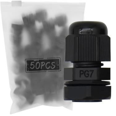 Imagem de MAKERELE PG7 Prendedor de cabos à prova d'água IP68 Glândulas de cabo de plástico de contraporca ajustável para fio de 3,1 mm-6,6 mm (50 peças), preto, com juntas