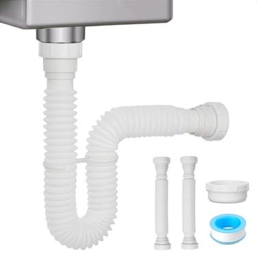 Imagem de Cinsda Armadilha P de 3,8 cm e 3,5 cm com adaptador, tubo de drenagem de pia flexível, armadilha P ajustável para kit de drenagem de pia de banheiro, triturador de lixo de cozinha, branco - pacote com