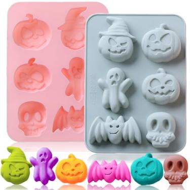 Imagem de Pacote com 2 unidades de molde de bolo de silicone para Halloween, caveira morcego, forma de fantasma, molde de silicone para biscoitos de sorvete de goma de chocolate e doces, moldes de sabão, molde de silicone para crianças,