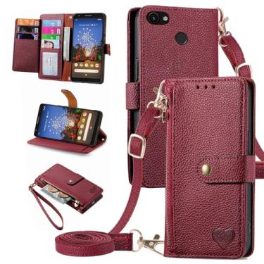 Imagem de Furiet Capa carteira para Google Pixel 3a Bolsa com zíper com alça de pulso, suporte de couro PU flip fólio porta-cartões acessórios capa de celular para Pixel3a Pixle a3 mulheres meninas vinho tinto