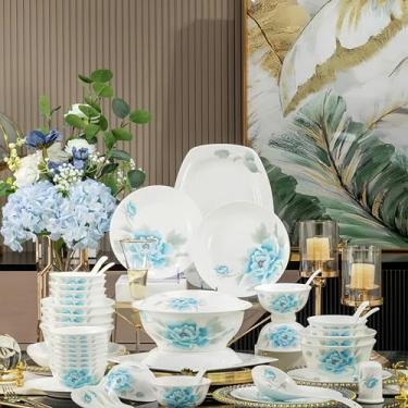 Imagem de Pratos de jantar, utensílios de mesa de cerâmica, conjunto de louça de 60 peças, conjunto de pratos de porcelana com padrão requintado e equipamento completo, novo estilo chinês, conjunto de