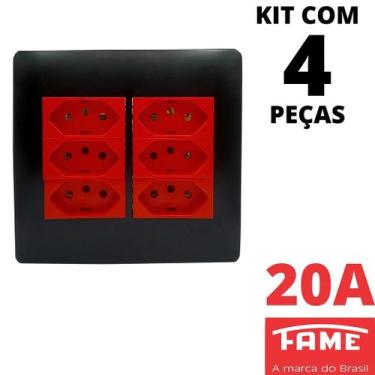 Imagem de 4un Tomada Padrão Sextupla 2P+T 20A 4X4 Vermelha Com Placa Habitat Bla