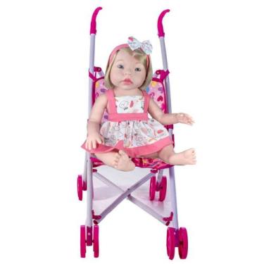 Imagem de Kit Boneca Bebê Reborn Sid Nyl 1185 Cabelo Loira e Carrinho