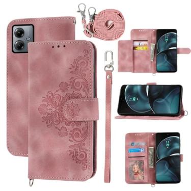 Imagem de Dswteny Capa carteira para Motorola Moto G14 com alça de ombro transversal, couro PU em relevo, flip fólio de crédito fino suporte para cartão de crédito capa para celular MotoG14 G 14 mulheres