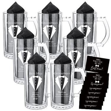 Imagem de Nuanchu Conjunto de 7 presentes de pedido de padrinho para padrinhos, copos de cerveja, conjunto de presente inclui copos de café padrinho de smoking Will You Be My Groomsman Cartões de pedido de casamento papel de seda preto (canecas de cerveja, 500 ml)