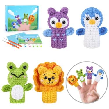 Imagem de Kit de crochê para iniciantes - 4 peças de fantoches de dedo com tutoriais em vídeo passo a passo, kit de animais de crochê para adultos e crianças - Coruja, leão, pinguim, sapo