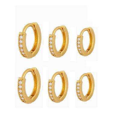 Imagem de Trio Brinco Argola Pedra Zircônia F Ouro Garantia 8 10 12 Mm - De Cast