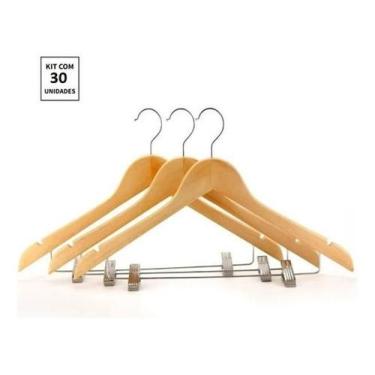 Imagem de Kit 30X Cabides De Madeira Com Presilha Verniz Marfim Roupa - Kadê