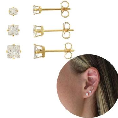 Imagem de Trio brincos zircônia quadrado banhado a ouro 18k brilhante 3 furos - 