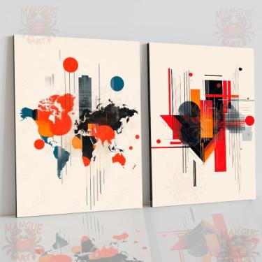 Imagem de Duo de Quadros Decorativos - Arte Abstrata Moderna com Mapa-Múndi e Fo