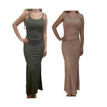 Imagem de Kit c/2 Vestidos Longo Canelado com Fenda - Empório J, Militar, Areia,