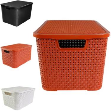 Imagem de Caixa Organizadora Rattan Multiuso Com Tampa 15 Litros Empilhavel Para Guardar Brinquedos Livros Materiais de Limpeza (Marrom)