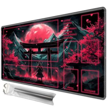 Imagem de JANENFNA Playmat 24" x 14" with Magic Zones for MTG Card Game Playing, Board Game Mat for Card Breaking Commander Deck Gaming Card Game Battles Mat with Storage Bags, Japanese Blood Moon Samurai