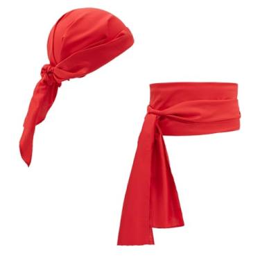 Imagem de Conjunto de acessórios de fantasia de pirata - Roupa de pirata feminina e masculina com chapéu bandana, cinto de faixa, Vermelho, One Size Fit All