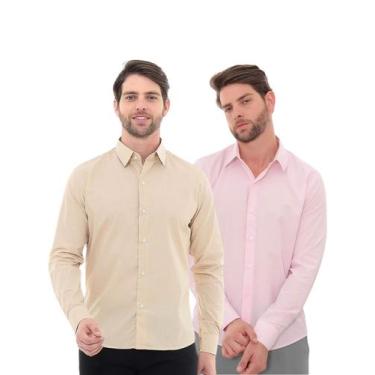Imagem de KIT Masculino 2 Peças - Camisa Social Premium Tipo Linho Bege e  Camis