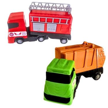Imagem de Kit 2 Caminhão Brinquedo Coletor De Lixo E Bombeiro Articulado Infanti